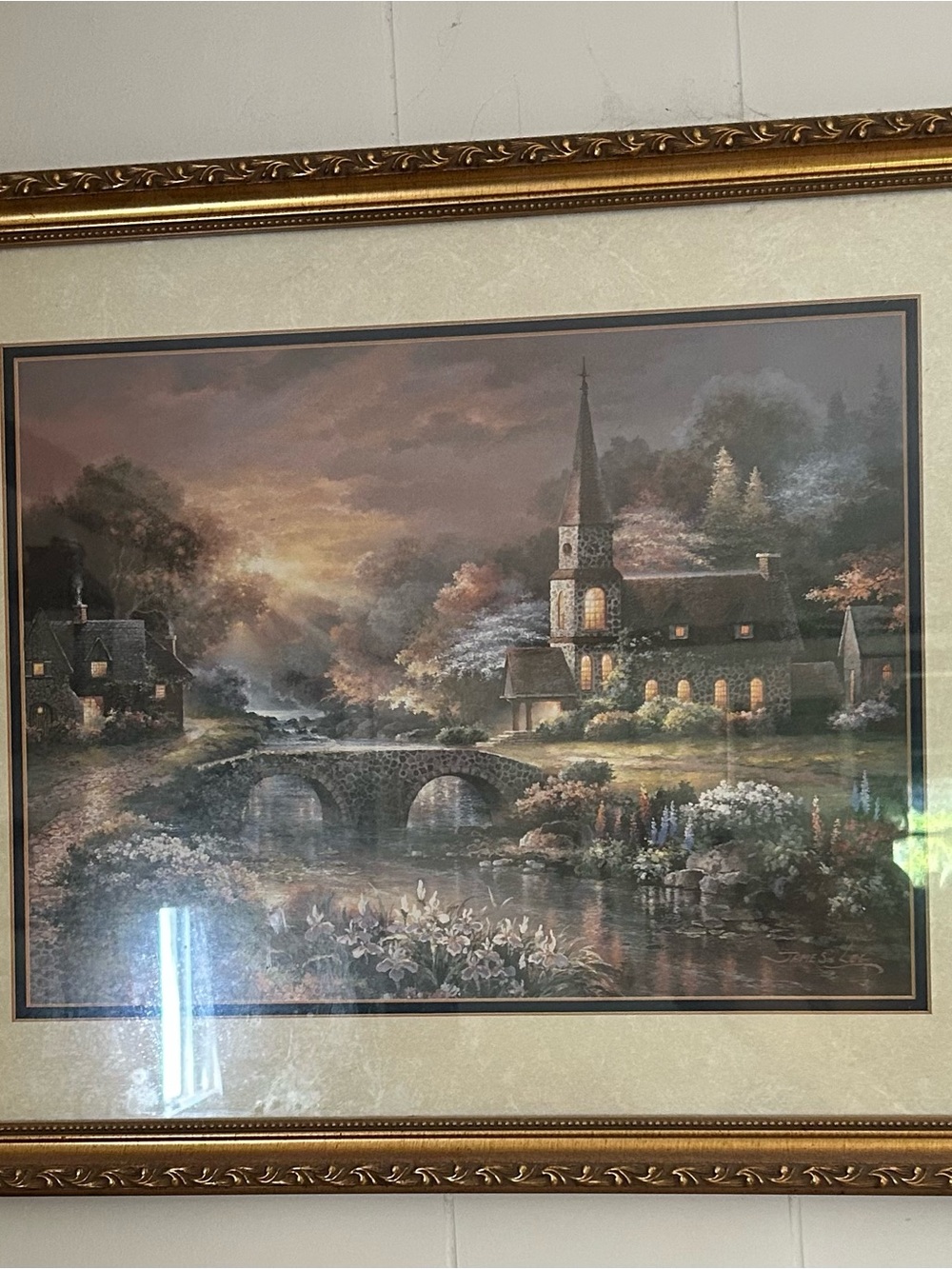 Framed Scenic Church Landscape Wall Art - Warm Brown & Cream